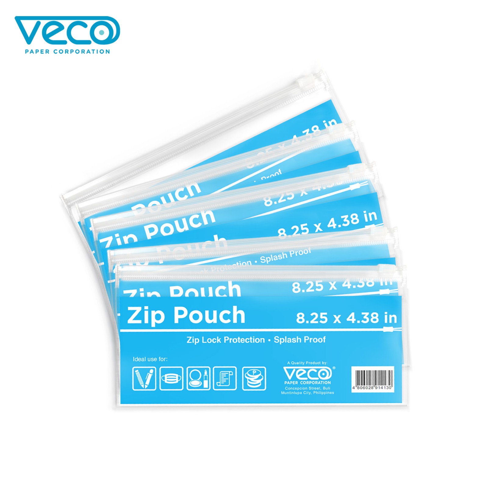Veco Pouch with zip Clear plastic envelope organizer 8.25 x 4.38in (5pcs)