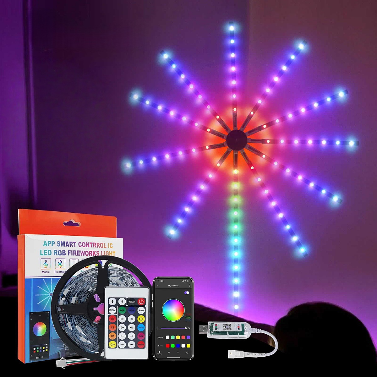180LED Firework Lights Music Sound Sync RGB Lights With APP Remote Control Christmas Lights Strip