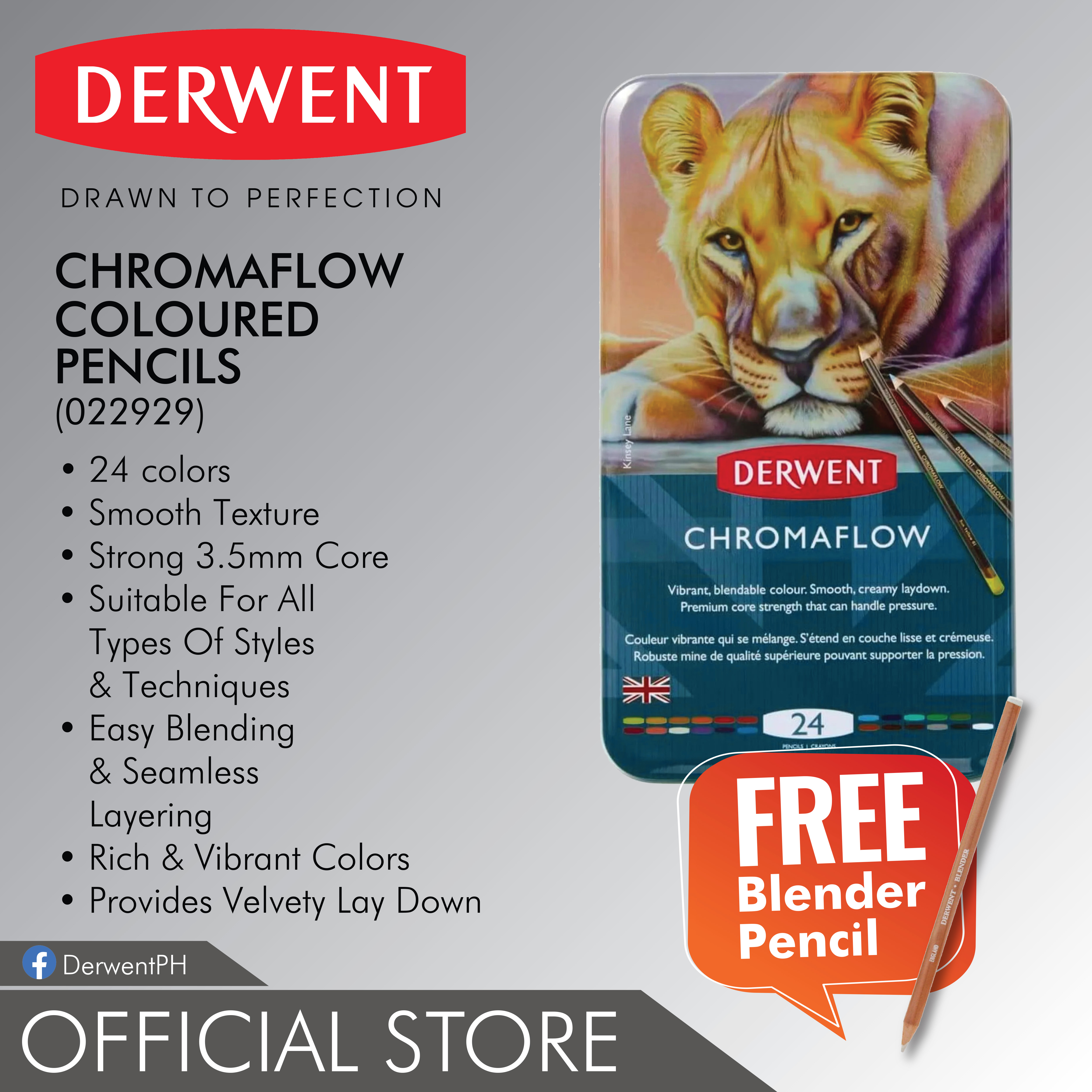 DERWENT Chromaflow Coloured Pencil | 24 Colors | In Metal Box | with FREE Blender Pencil | 2305857