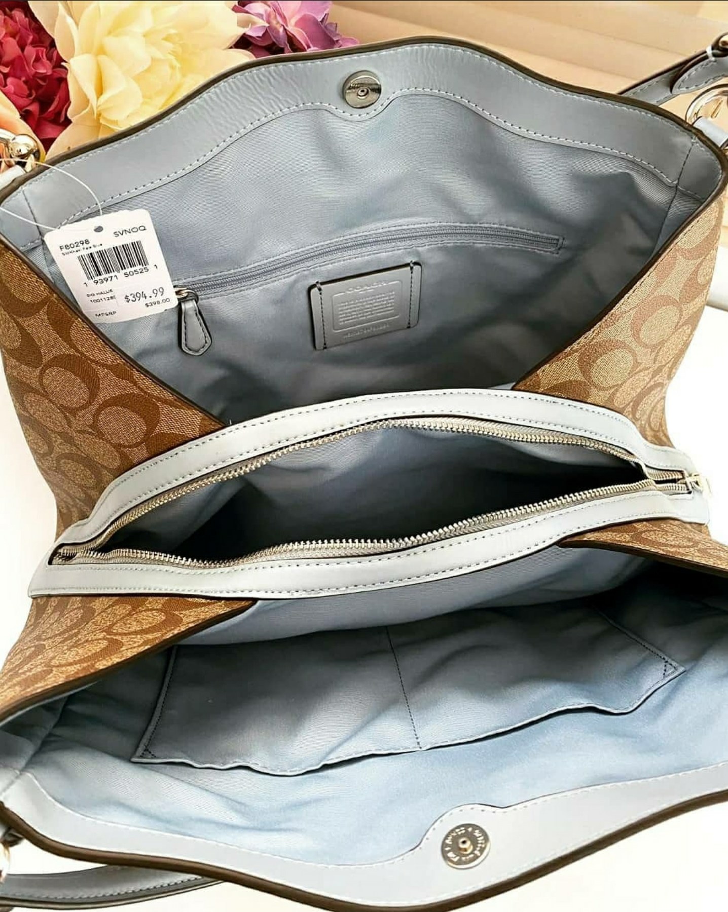 Coach F80298 Hallie Shoulder Bag in Khaki Signature Coated Canvas Monogram with Smooth Pale Blue