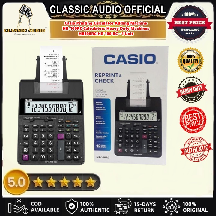 Casio Printing Calculator Adding Machine By Classic Audio- HR-100RC Calculators Heavy Duty Machines HR100RC HR 100 RC - 1 Unit - Genuine and Original