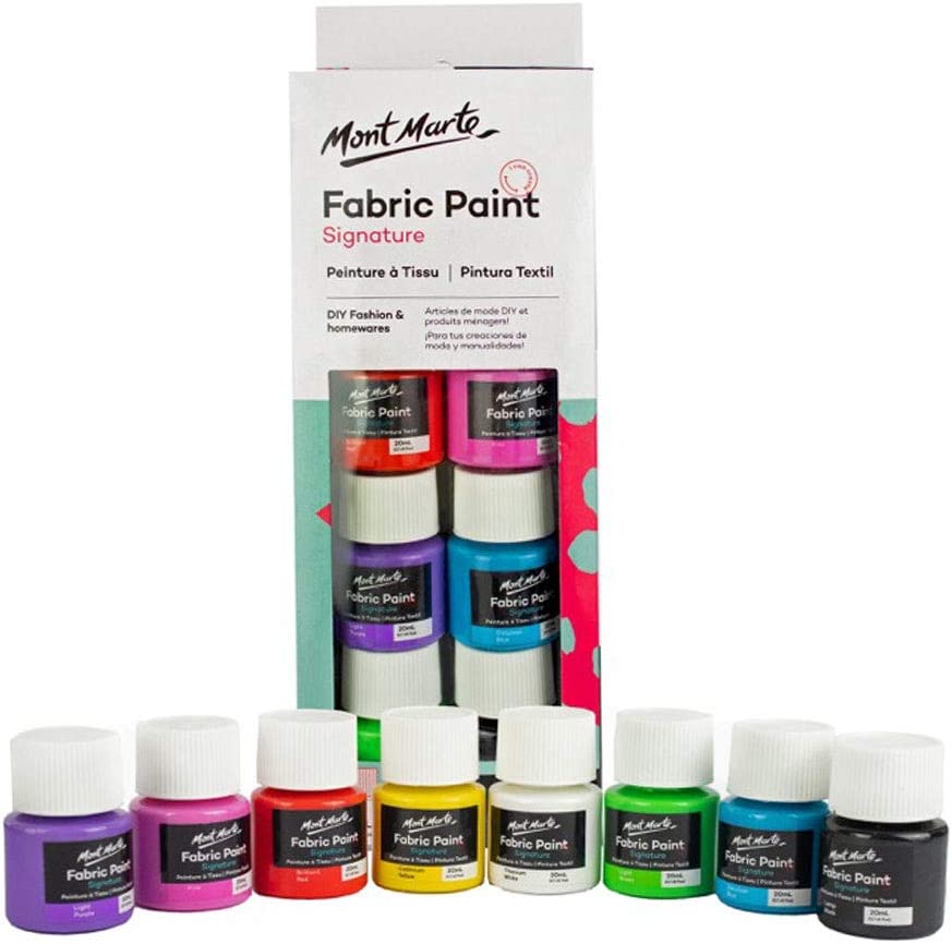 Mont Marte Permanent Fabric Paint Set 8 x 20ml Vivid Colours for Textile Fabric T-Shirt Canvas Wood Ceramic Glass