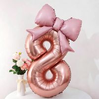 【Happy Time Combine Set】 32Inch 0-9 Rose Gold Number Foil Birthday Balloons Pink Bowknot Balloon Birthday Wedding Party Decorations Kid Boys Girls Baby Shower