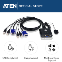 ATEN 2-Port USB VGA Cable KVM Switch Superior video quality with Remote Port Selector Button for Windows/Mac/Linux (Black) CS22U