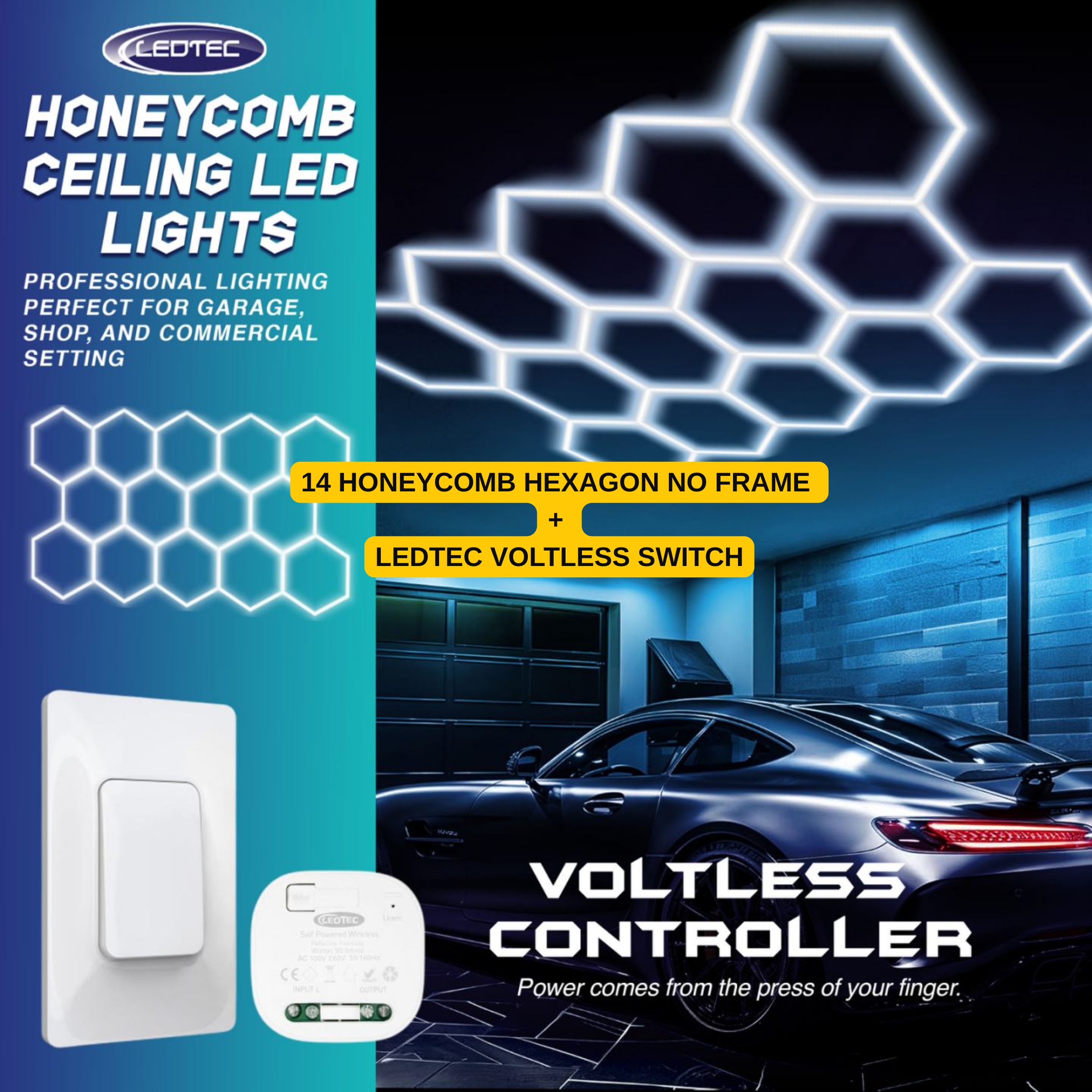 LEDTEC Hexagon LED Lighting Car Detail Garage Workshop Retail Light Honeycomb Hex 8x16 ft | Car Wash Computer Shop Motor Show Room | Garage Light Hexagon Lights Lamp 220V LED Tube Honeycomb Ceiling Lighting For Auto Car Body Repair LED Workshop