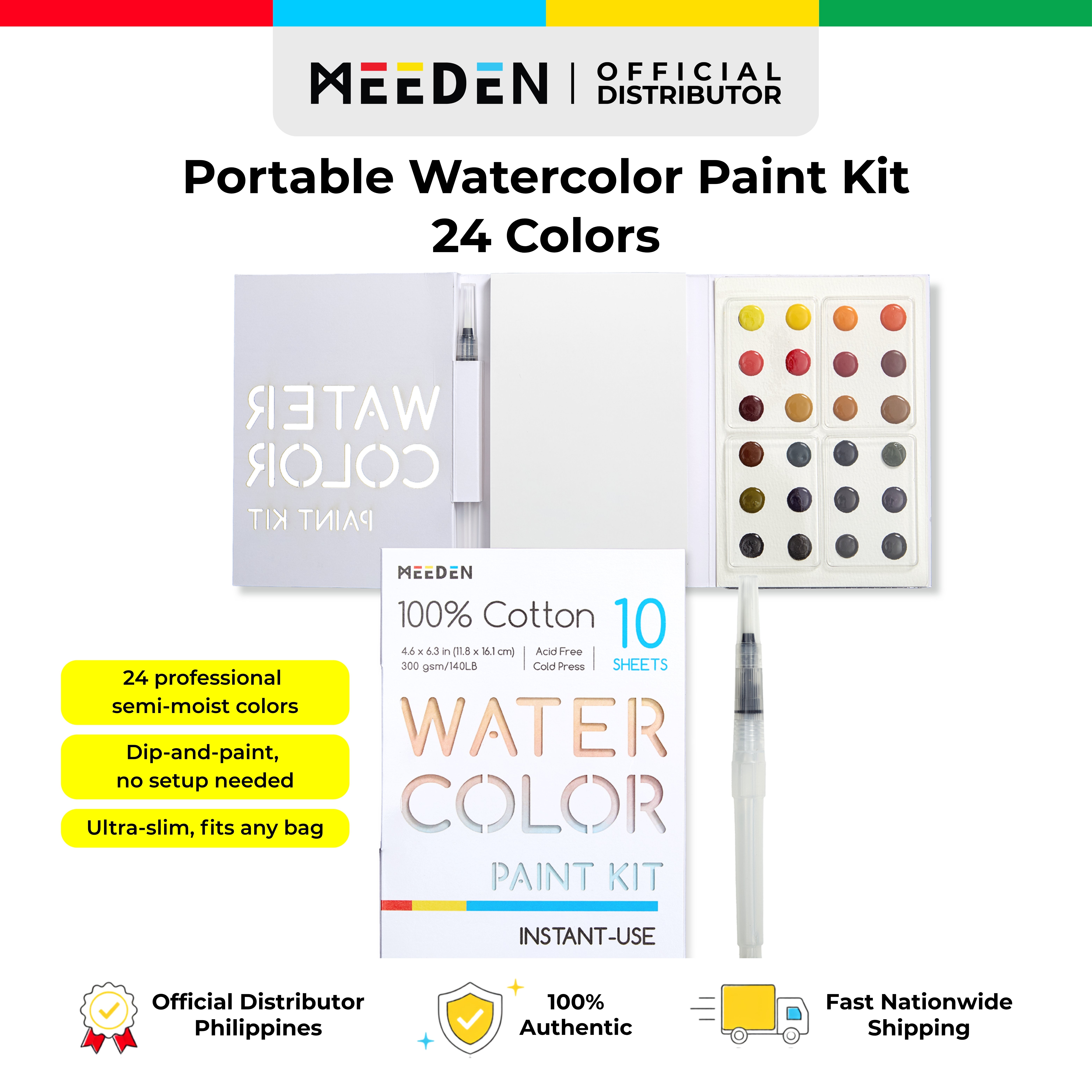 MEEDEN Portable Watercolor Paint Kit 24 Colors – All-in-One Disposable Set with Paper and Water Brush