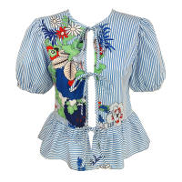 Genevieve Gozum Jenny Tie Up with Sleeves Pin Stripes Floral