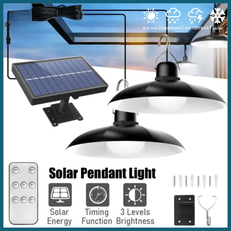 1 pcs Solar Pendant Light Outdoor Waterproof Dual Head LED Chandelier Lamp with Remote Control Timer 3 Levels Brightness for Garden Gazebo Garage Shed High Quality Energy Saving
