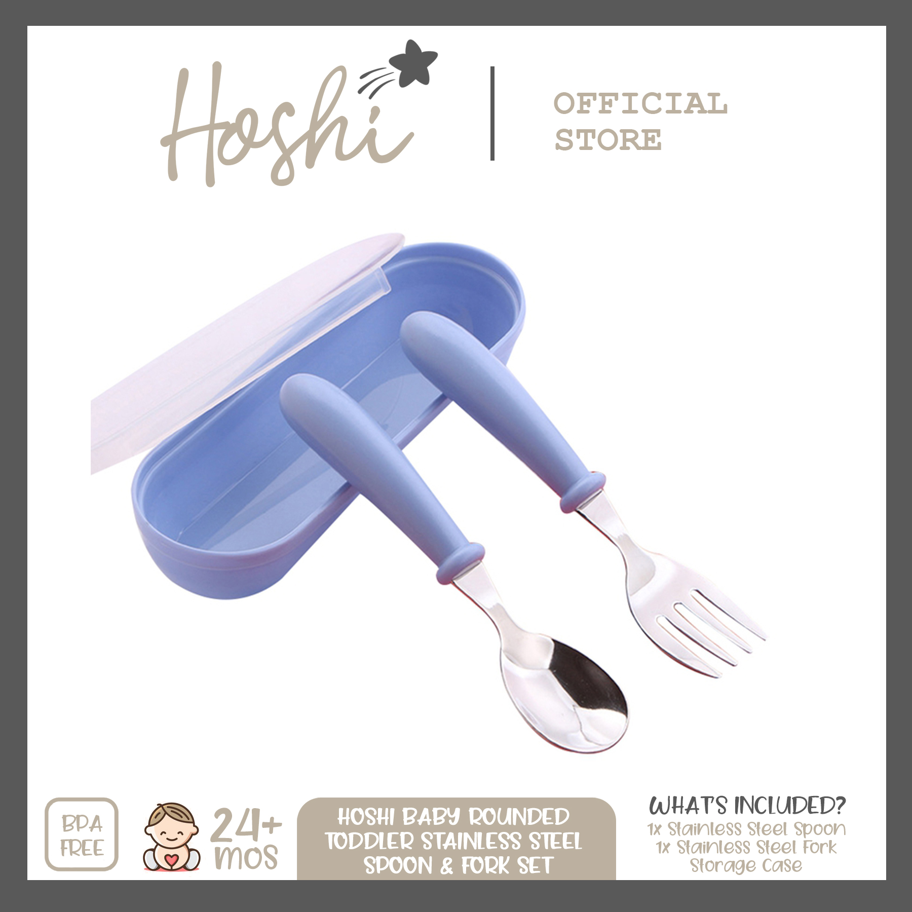 Hoshi Baby Rounded Toddler Stainless Steel Spoon and Fork Set with Storage Case BPA Free 24Mos+