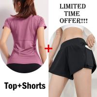 Paoboo Yoga Sports Wear for Women Anti-Glare Pockets GYM Outfit for Women Set Training Yoga Shorts T Shirt Top Running Fitted Cycling Women Summer Jogging Outfit Quick Dry Breathable Badminton Volleyball Jogging Mesh Yoga Shirt