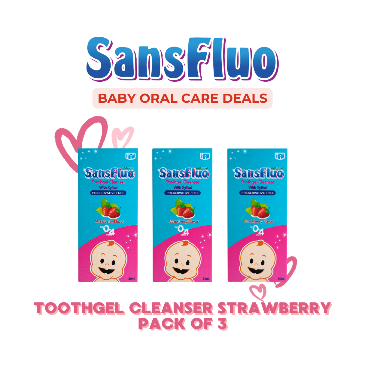 (PACK OF 3) SansFluo Natural Toothgel Cleanser Strawberry 50ml for 0-4 years old