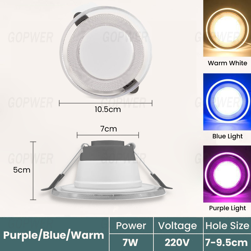 GPower 7W Tri color LED Pin light for Ceiling Downlight Ultra-Thin 3 Colors Purple/Blue/Warm 4 inches Panel Light for Living Room Bedroom Indoor Bar Restaurant Led Light