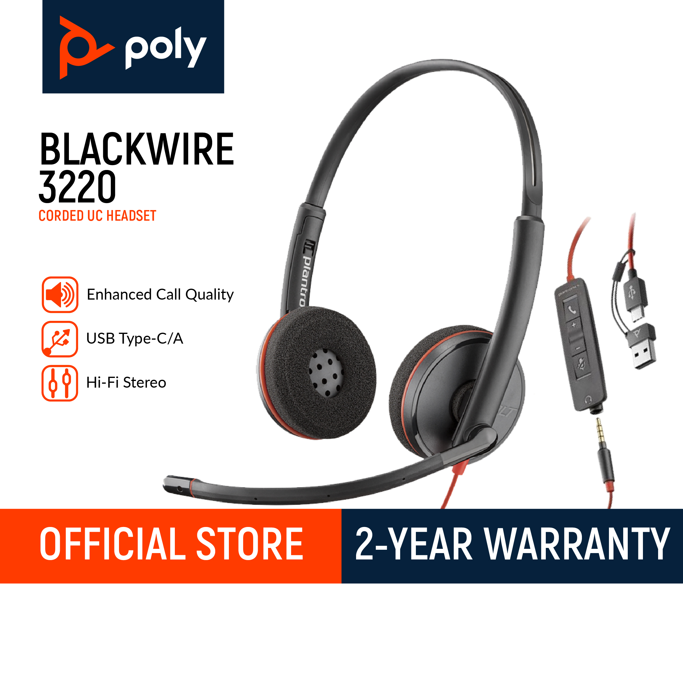 Poly Blackwire 3220 Stereo Noise-Canceling Mic PC/Mac USB-C or USB-A Works  With Teams Zoom Headset