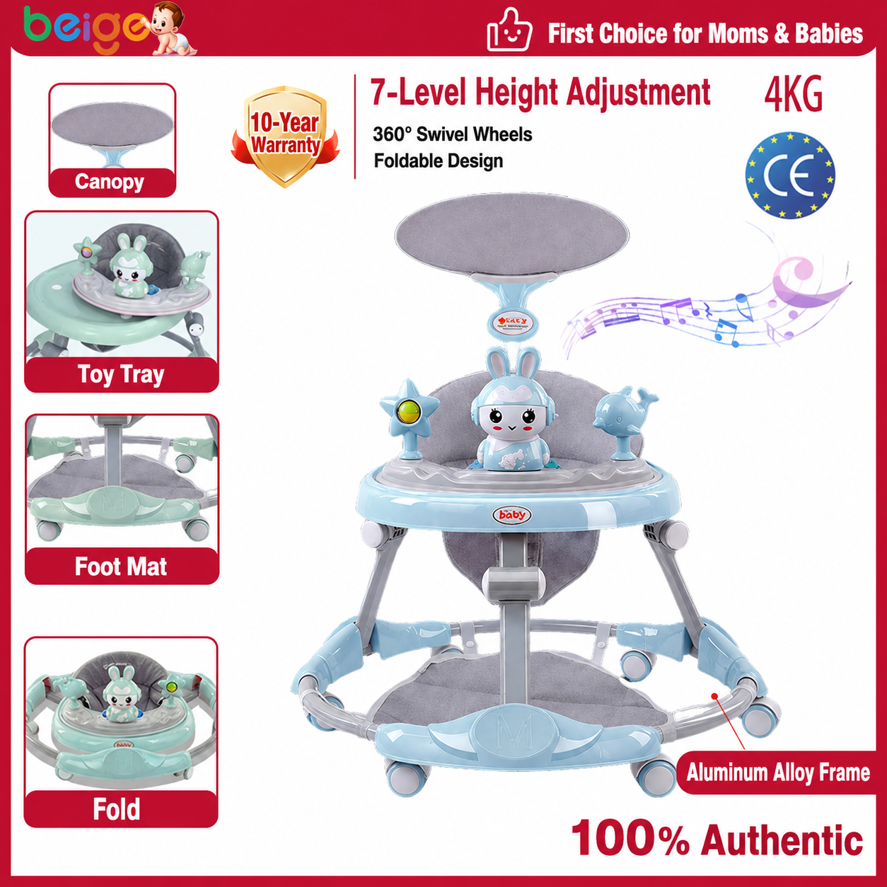 Beige Baby Walker Boy&Girls Foldable Anti-O-Leg Anti-Tip Adjustable Height Multifunctional Learning Cart With Music Light Handle Toy Walking Trainer