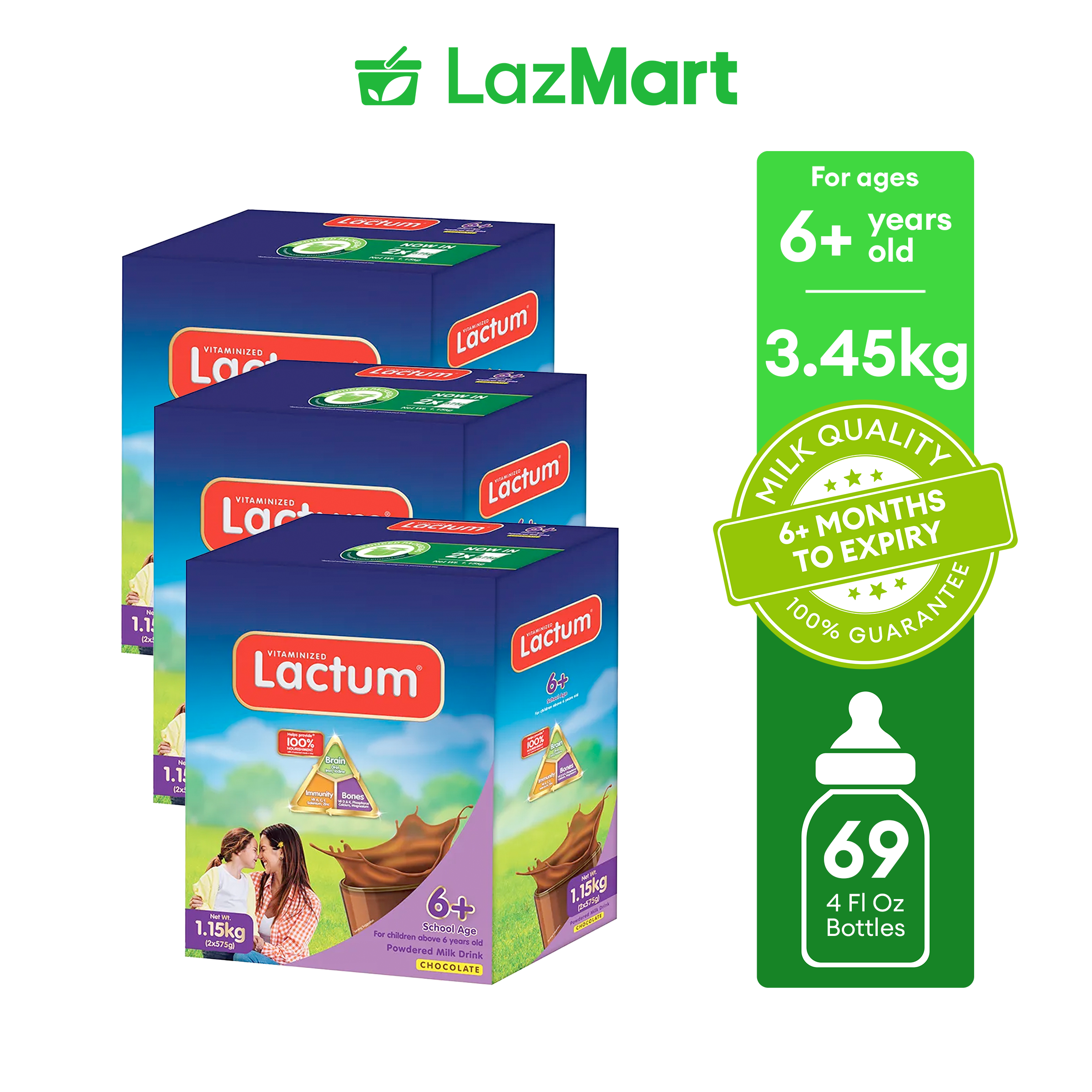 Lactum 6+ Chocolate 3.45kg (1.15kg x 3) Powdered Milk Drink for Children 6 Years Old and Above