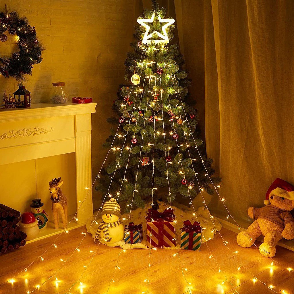 LED Five-pointed Star Waterfall Light Christmas Hanging Tree Outdoor Garden Remote Control Solar