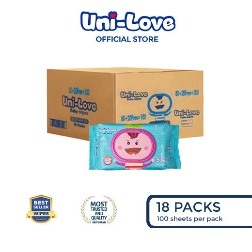 UniLove Unscented Baby Wipes 100s Pack of 18 (1 Case) - 99% Water| Hypoallergenic | Alcohol Free | No harmful chemicals | with Aloe Vera | Safe & Gentle | FDA Approved