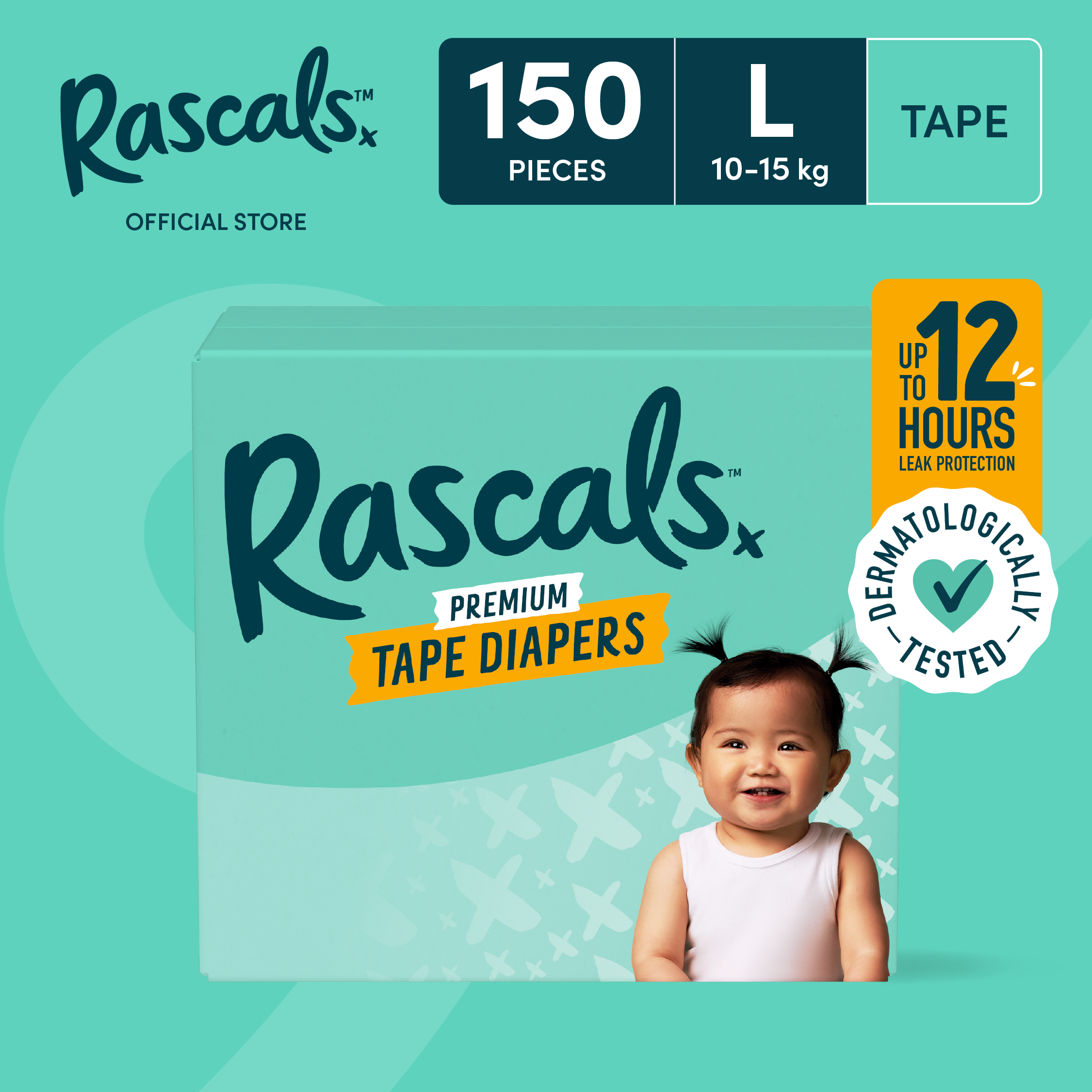 RASCALS Tape Super Jumbo Box Large (10-15 kg) - 50 pcs x 3 (150 pcs) - Tape Diapers