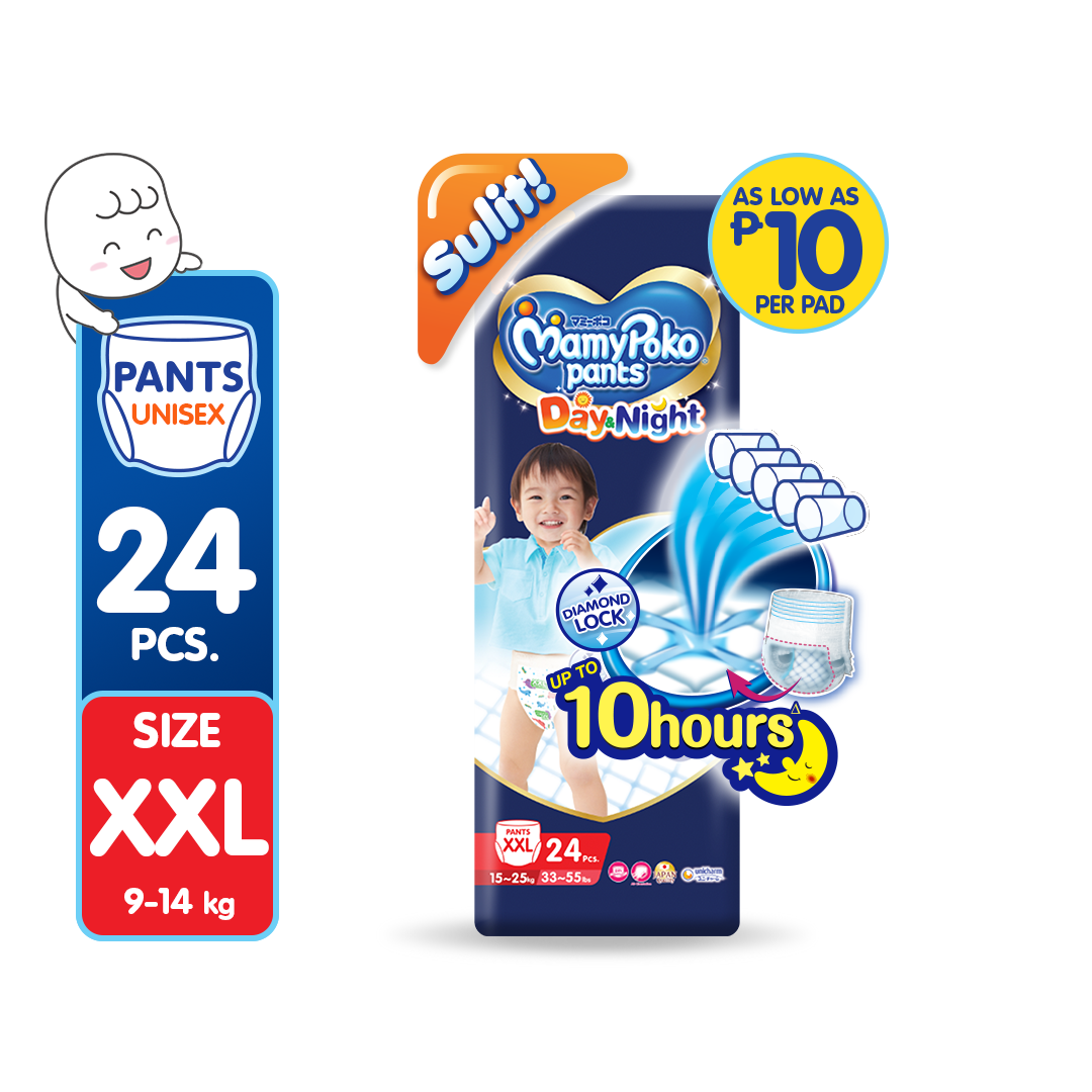 MAMYPOKO Day and Night Baby Disposable Diaper Pants Unisex XXL 24 pcs