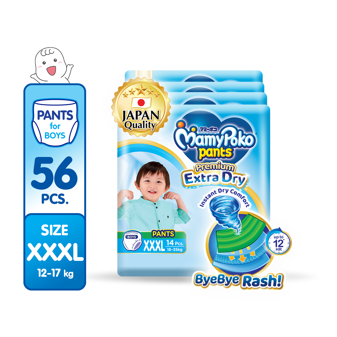 MAMYPOKO Extra Dry Baby Disposable Diaper Pants Boy XXXL 14 pcs x 4 packs (56 pcs)