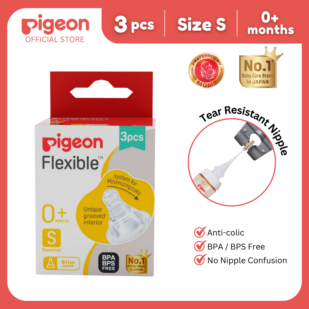 Pigeon Official - Standard Slim Neck Peristaltic Nipple Size S Slow Flow for 0+months 3pcs per box Round hole for Newborn Babies Anti Colic No Nipple Confusion BPA Free Flexible Nipples Japan No. 1 Brand