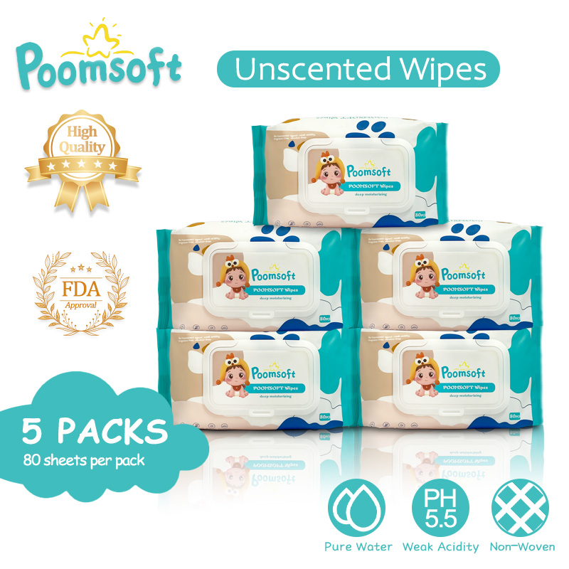 Poomsoft 5 Packs x 80 Sheet Non-Alcohol Unscented Safe For Baby Gentle Wipes Wet Tissue Disposable Cotton Wipes