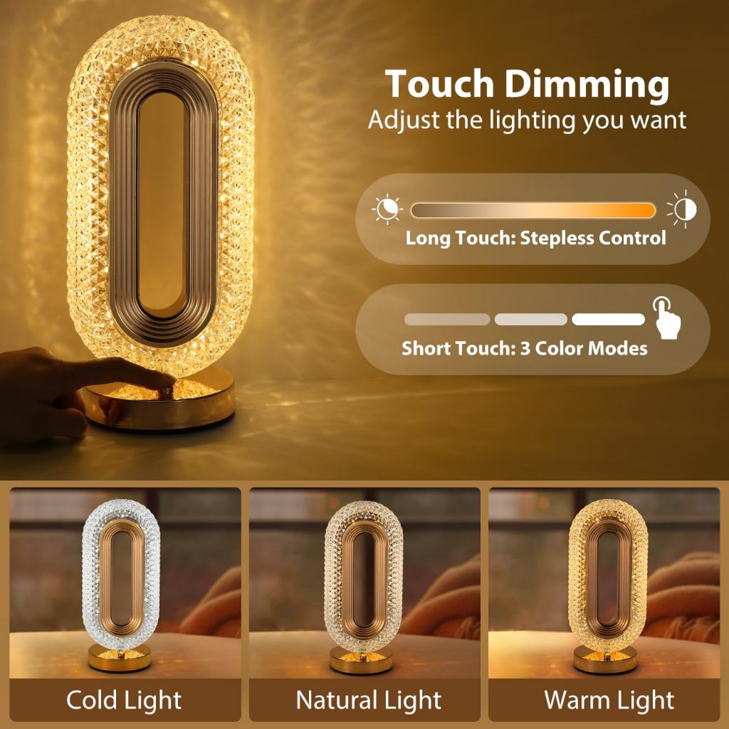 IMUTO Crystal Desk Lamp Touch Lamp Shade Bedroom Night Light 3 Mode LED Table Lamp Bedside Lamp Moon Light Lamp For Gift