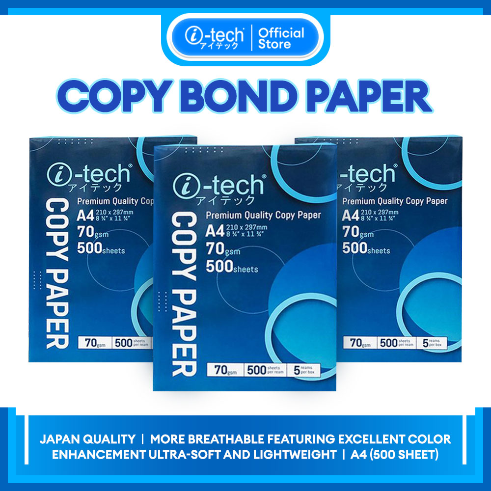 i-tech Copy Paper Bond Premium Quality A4/Short/Long 500 Sheets 70GSM for School and Office Supplies Copy Bond Paper