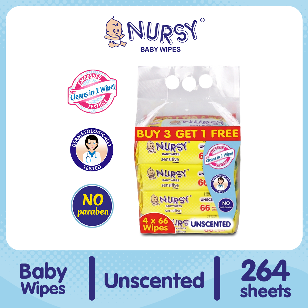 (PROMO PACK) Nursy Baby Wipes Unscented 66s 3 + 1 Pack (246 sheets)