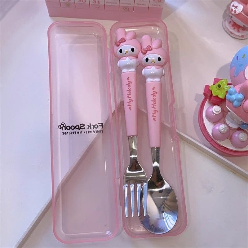 COD 2pcs/set Sanrio Kuromi Fork Spoon Stainless Steel Student EatingTableware Accessories Portable