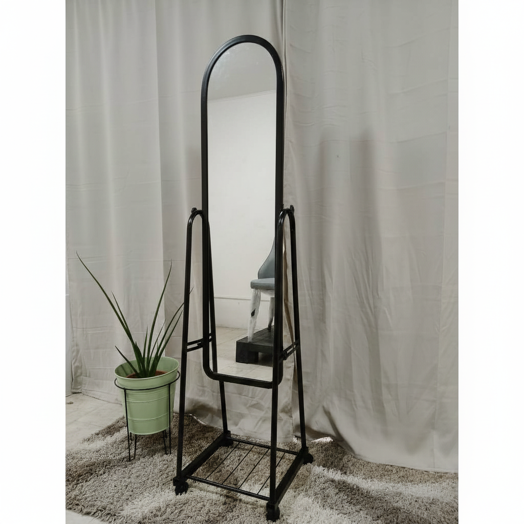 Metal Adjustable Angle Full Length Mirror Freestanding Dressing Mirror with Shelf and Wheels in a Bedroom Setting