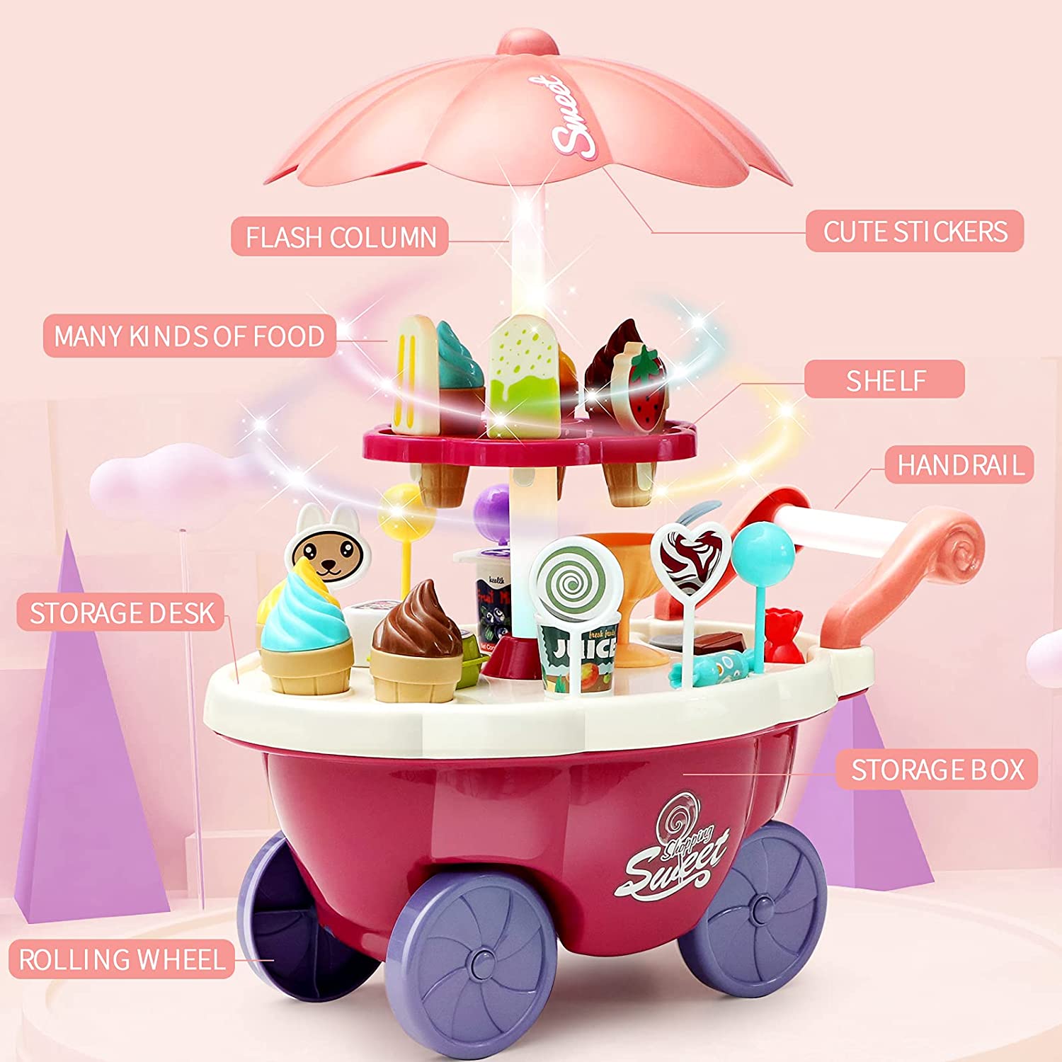 Ice Cream Toy Cart for Kids Educational IceCream Trolley Truck with 30