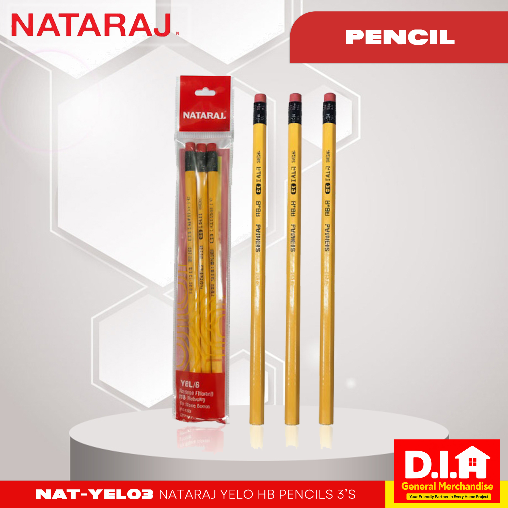 Do It Home NAT-YEL03 Nataraj Yelo HB Eraser Tipped Pencils 3s