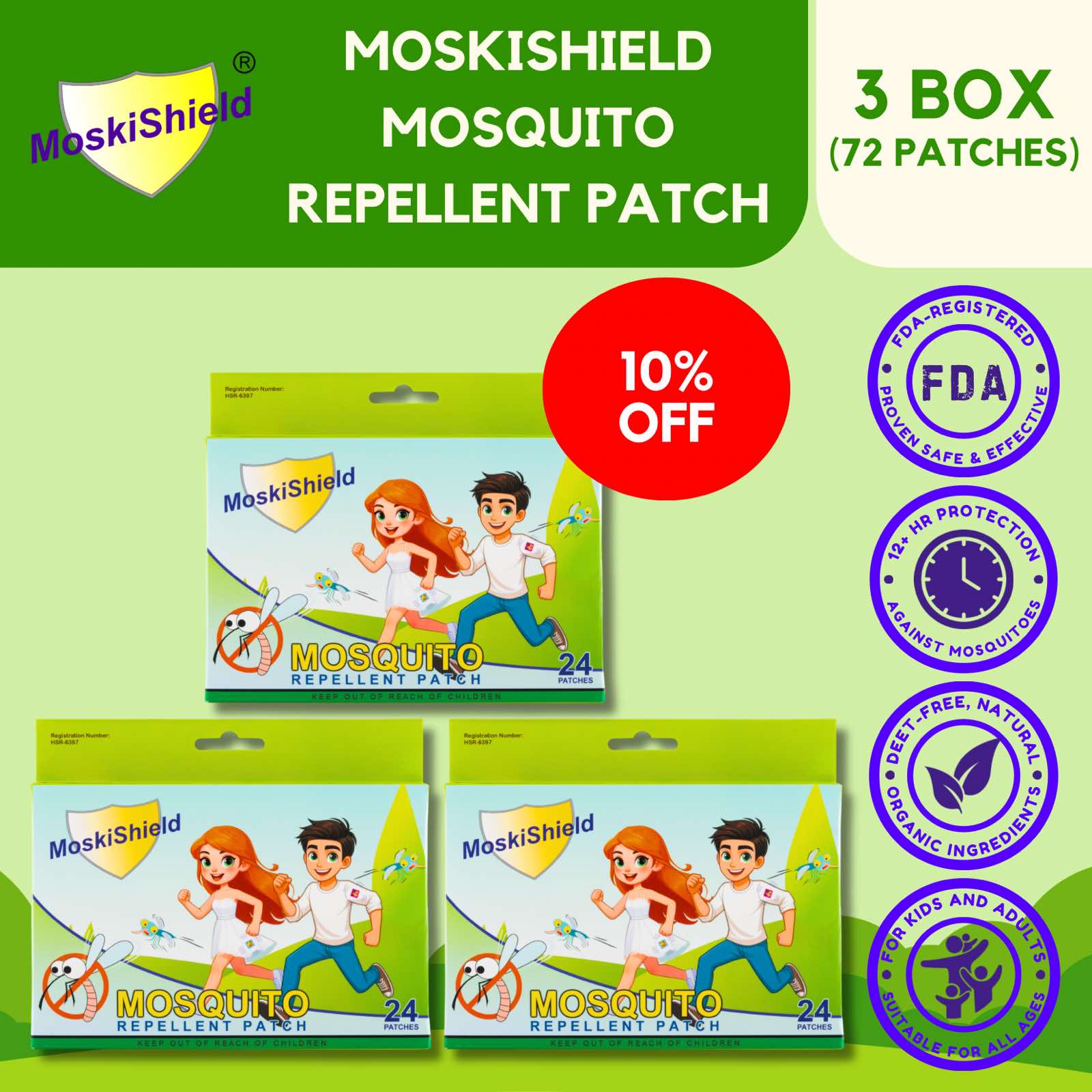 MoskiShield Mosquito Repellent Patch Set of 3 Save Dengue Protection Kids and Adults