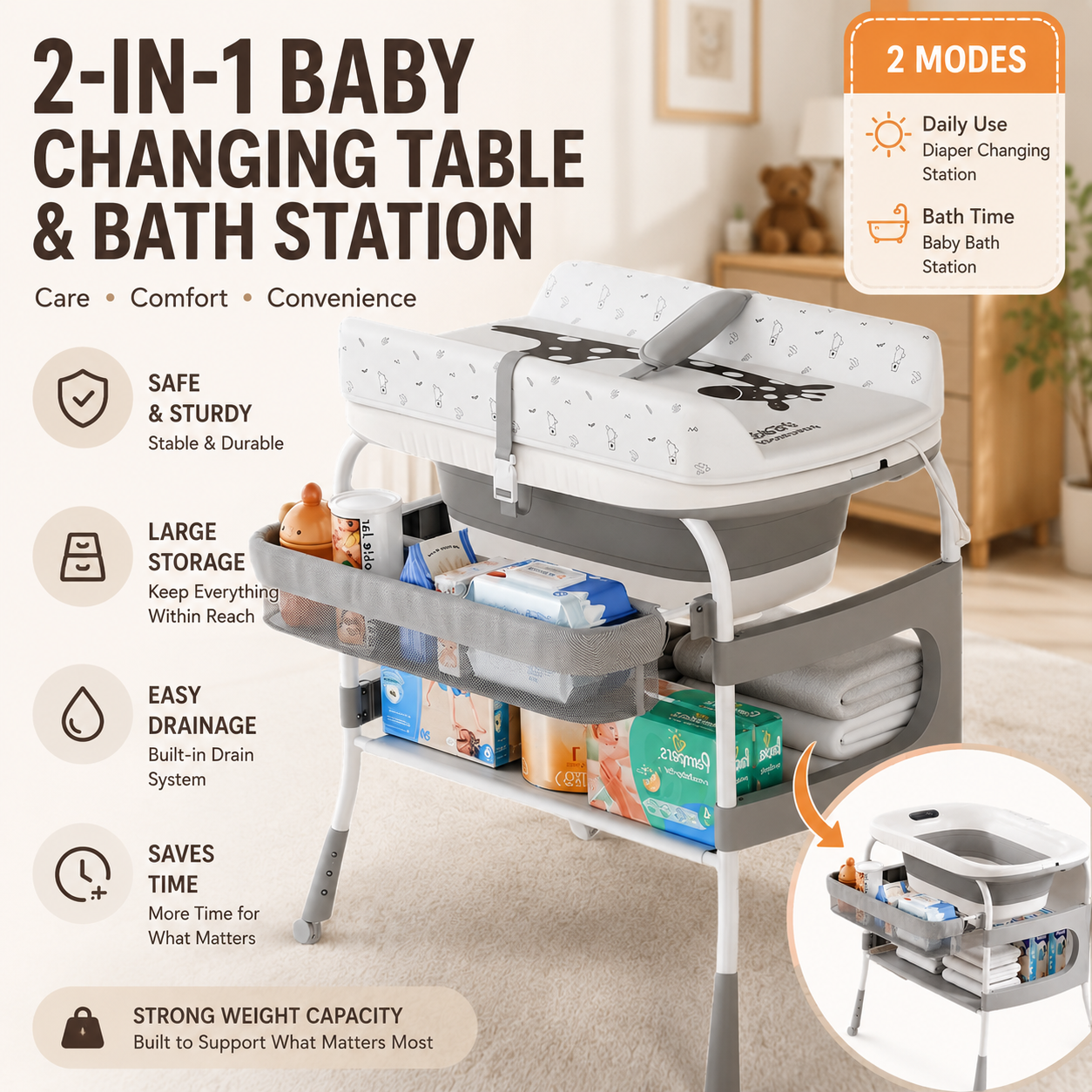 Multifunction 2-in-1 Baby Bath Station & Diaper Changing Table Adjustable Height Foldable Infant Care Table with Storage Rack and Drain System for Newborn Nursery