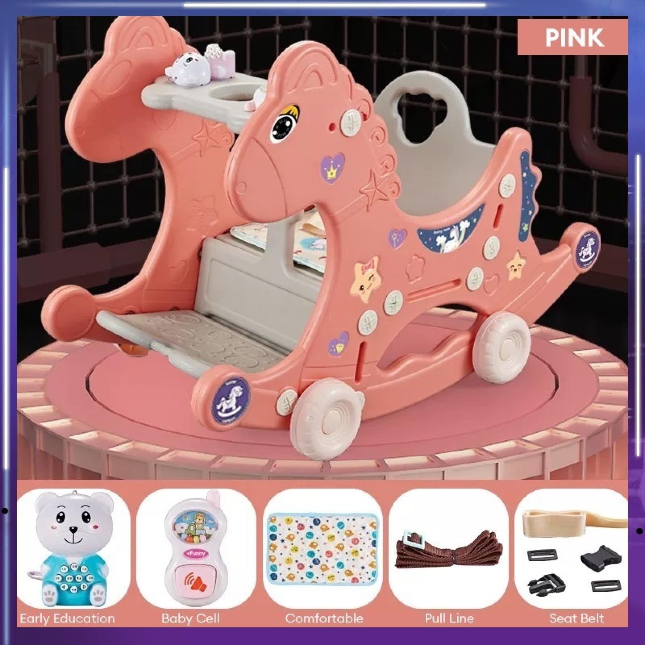 Beige 2In1 Rocking Horse for Kids Multifunctional Toy with Slide Basketball Hoop Suitable for 1 - 6 Year Olds