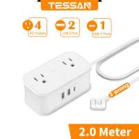 TESSAN 2 Pin Extension Cord With USB Type C 2 Prong to 3 Prong Flat Plug Extension Cord Power Strip Mini Charging Station [TS-1024-C]