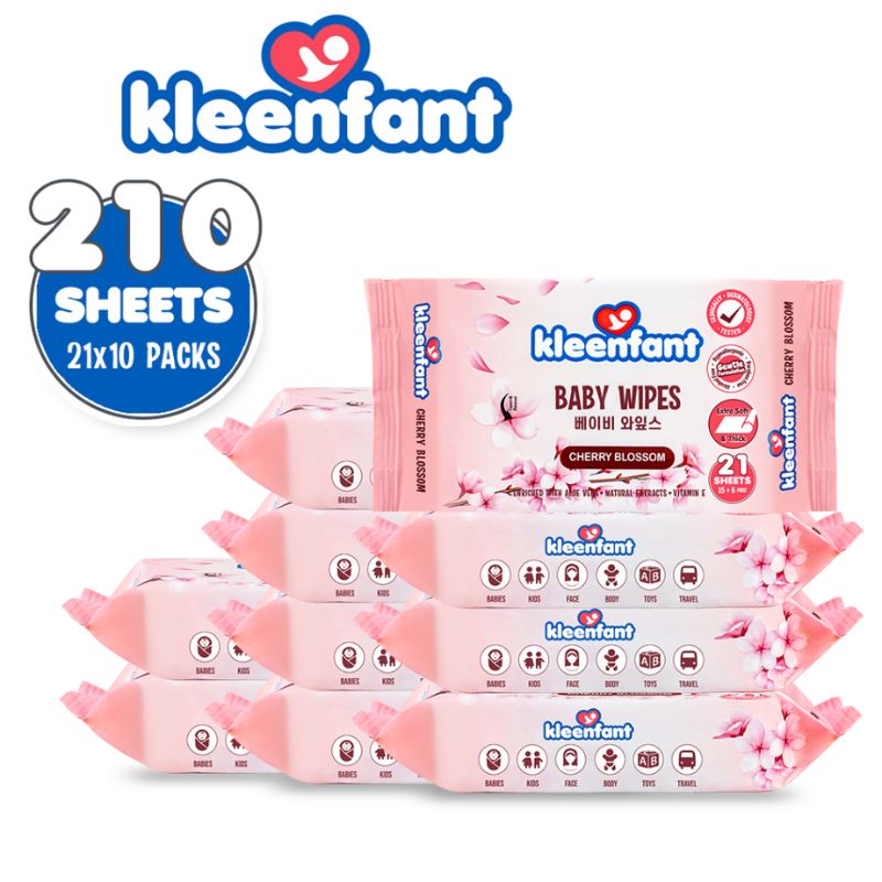 Kleenfant Cherry Blossom Baby Wet Wipes for face 21 Sheets Set of 10 Make Up Remover Skin care