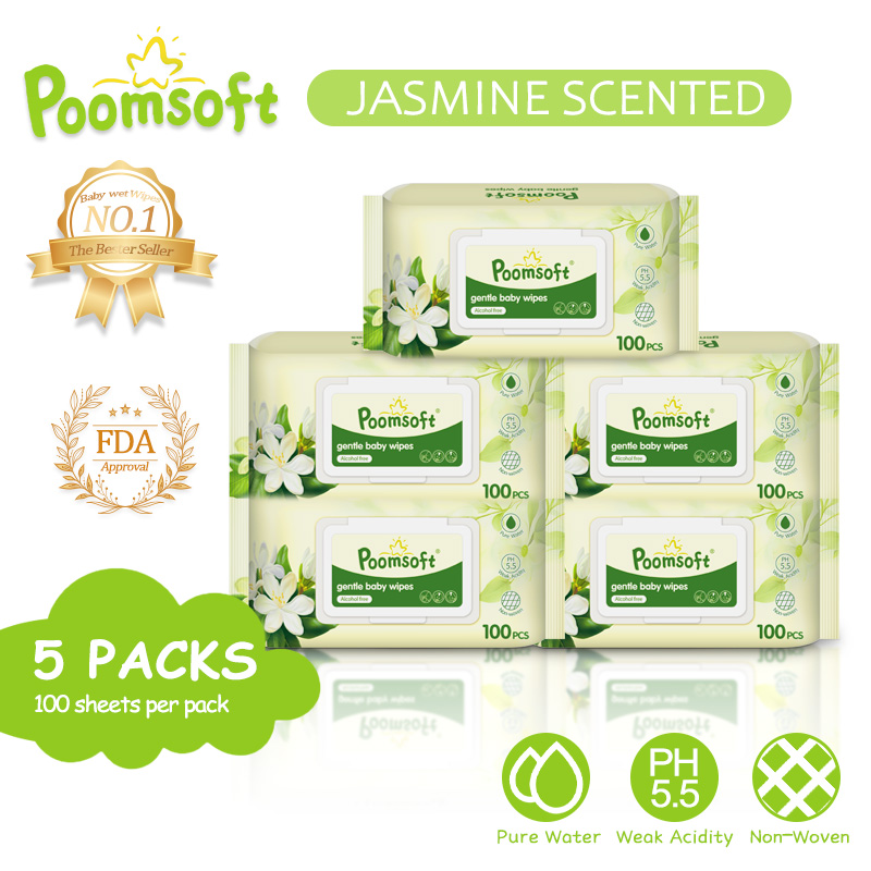 Poomsoft 5 Packs x 100 Sheet Jasmine Scented Baby Wipes Alcohol-Free Wet Tissue Gentle Wipes Disposable Cotton Wipes