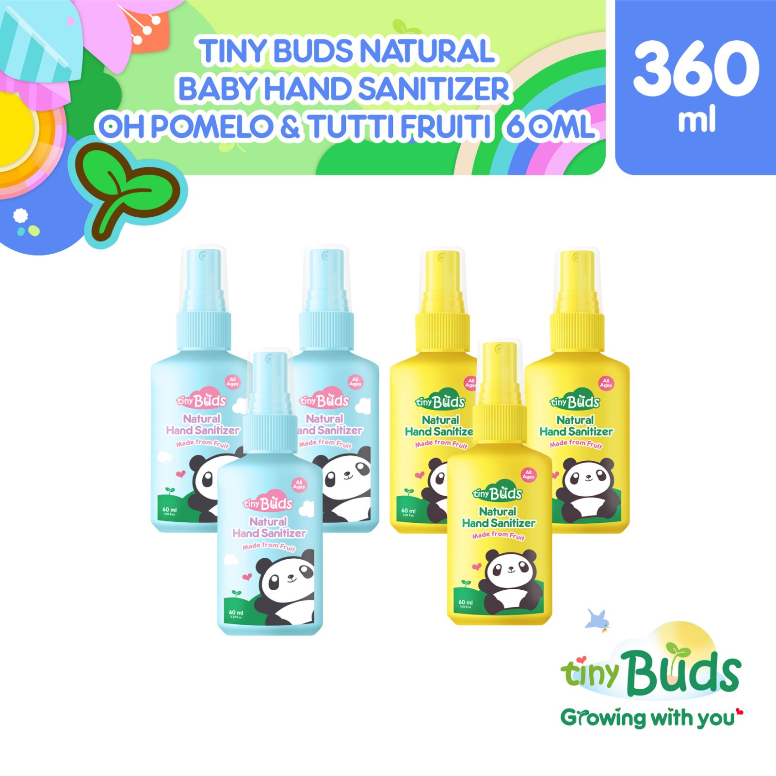 Tiny Buds Natural Baby Hand Sanitizer 60ml Set of 6 (3x Oh Pomelo! & 3x Tutti Fruiti)