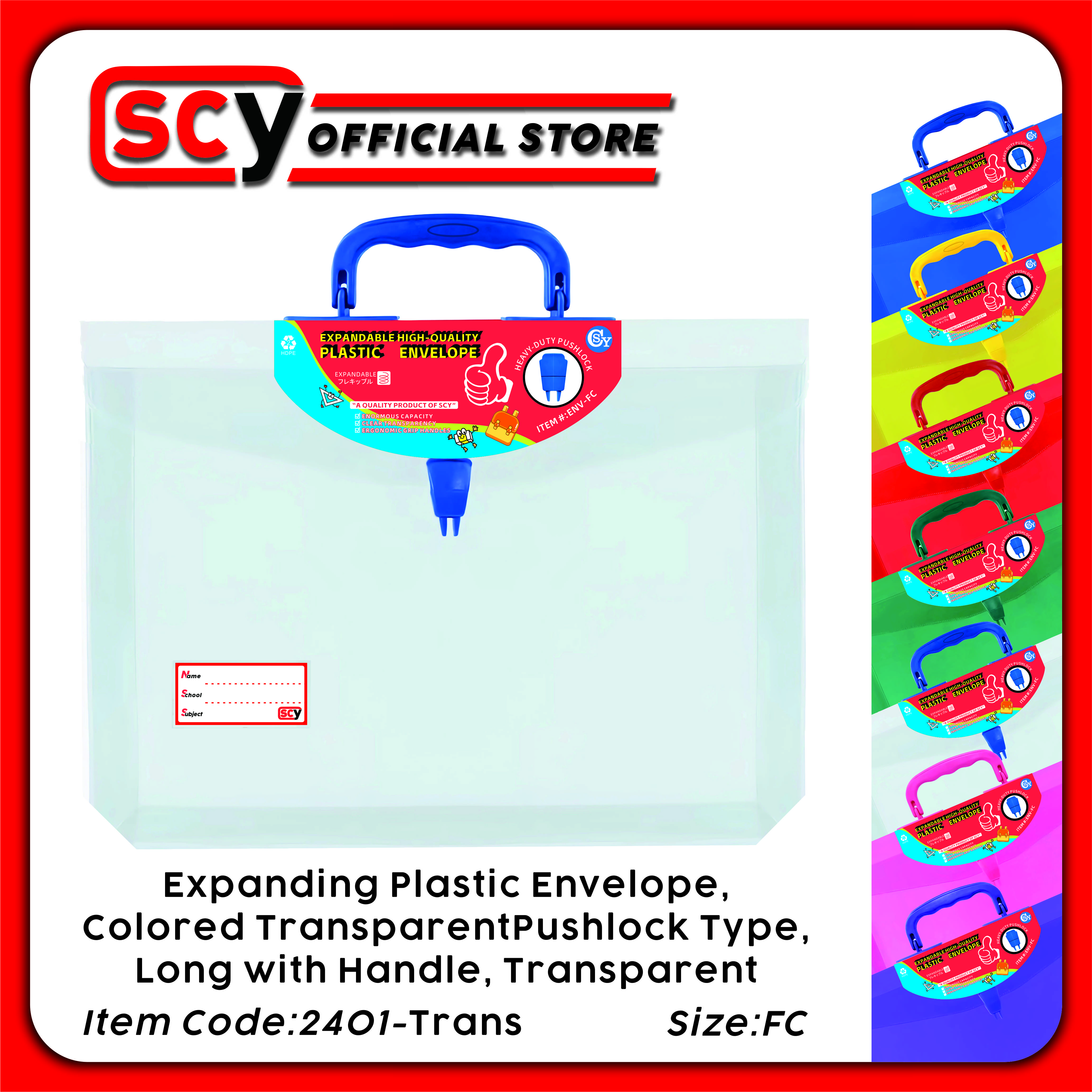 SCY Adventur Joyy Expanding Plastic Envelope Colored Transparent Push lock Type Long with Handle