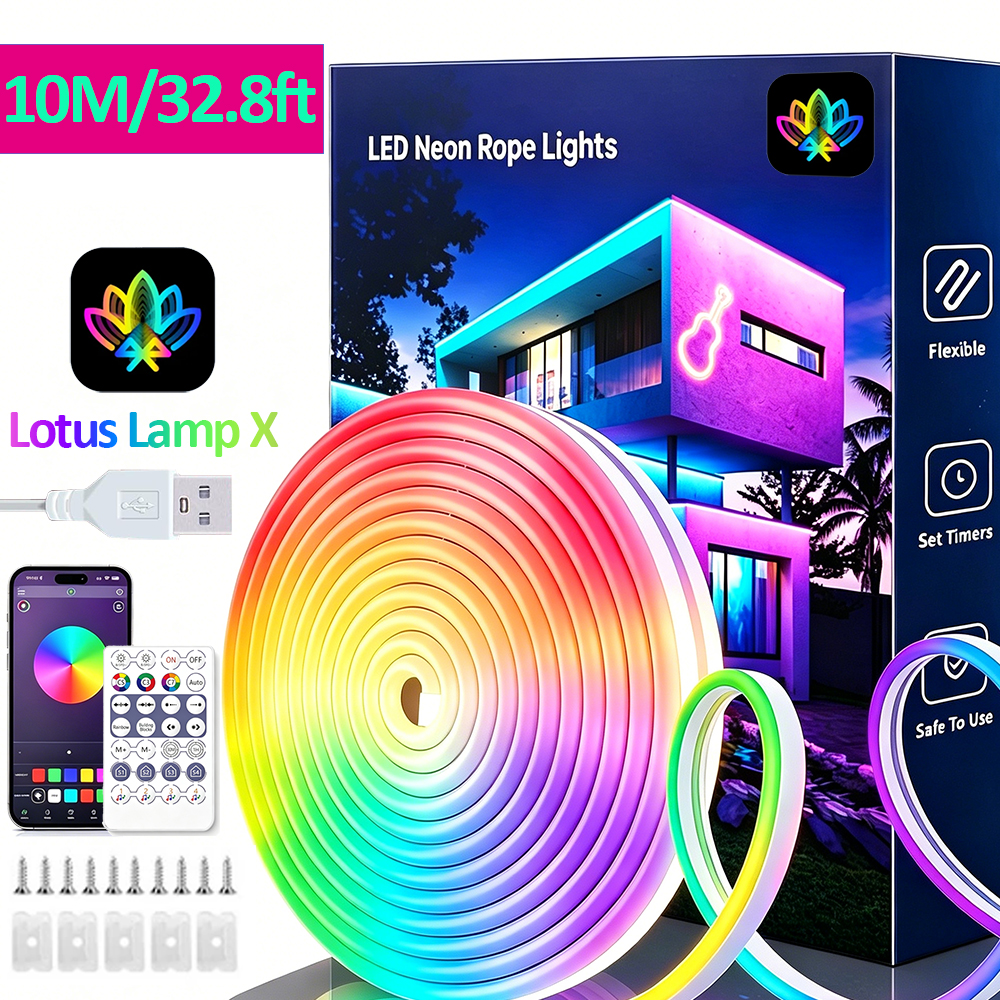 10/15M LED Neon Light Strip RGBIC Rainbow Flexible Lights Running Effect Waterproof APP/Remote Rope Light Car Bedroom Decoration Chasing Backlight for Ceiling