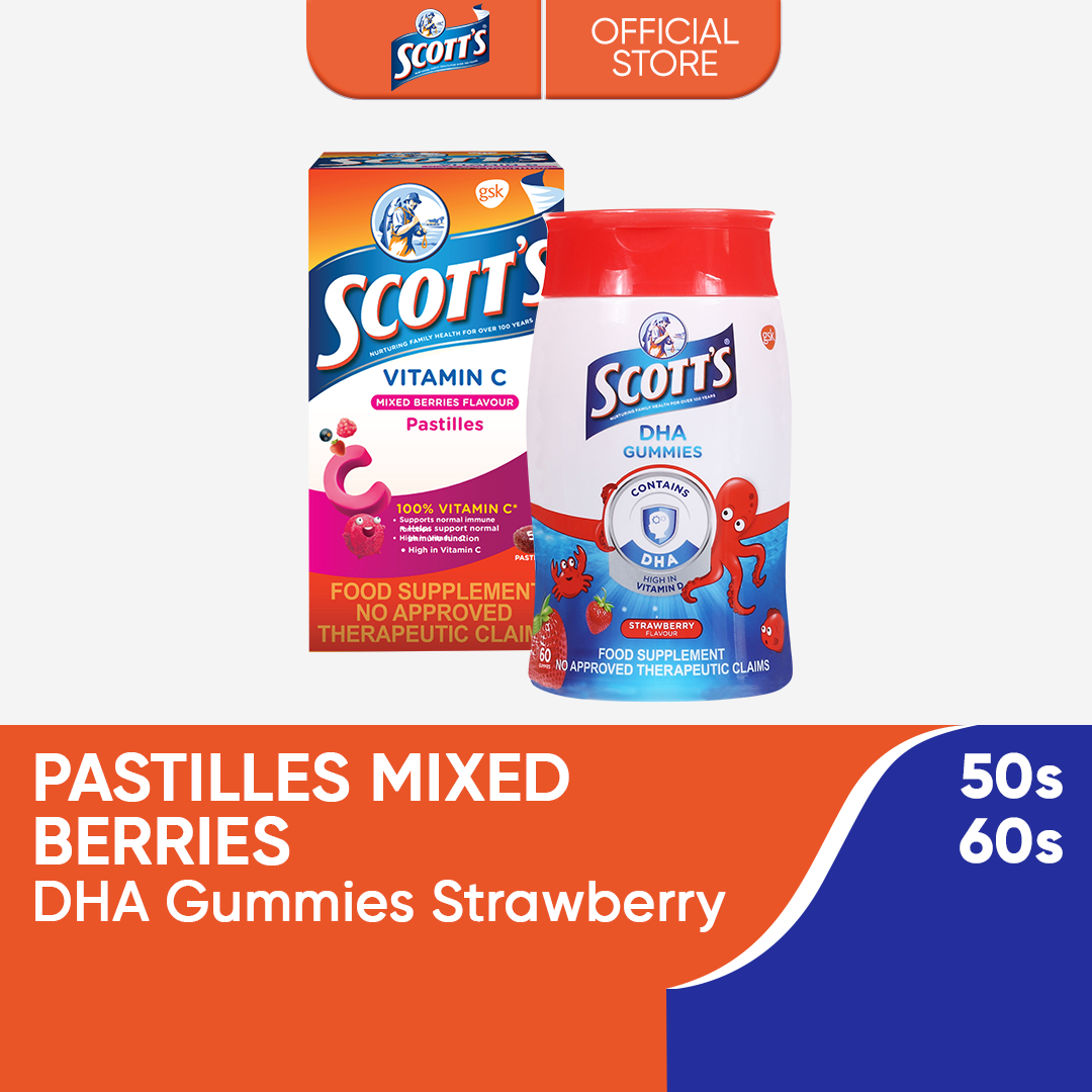 Scotts 100% Vitamin C Pastilles Mixed Berries 50s + Omega-3 DHA Gummies Strawberry 60s