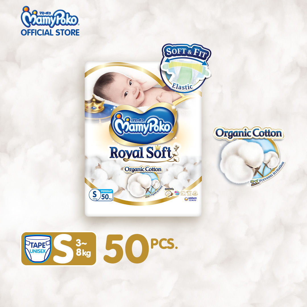 MAMYPOKO Royal Soft Organic Cotton Baby Disposable Diaper Tape Small 50 pcs