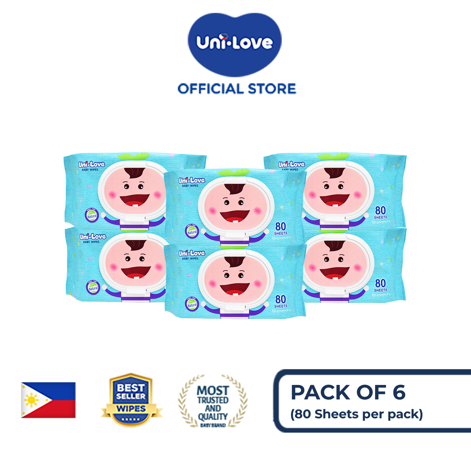 UniLove Unscented Baby Wipes 80s Pack of 6