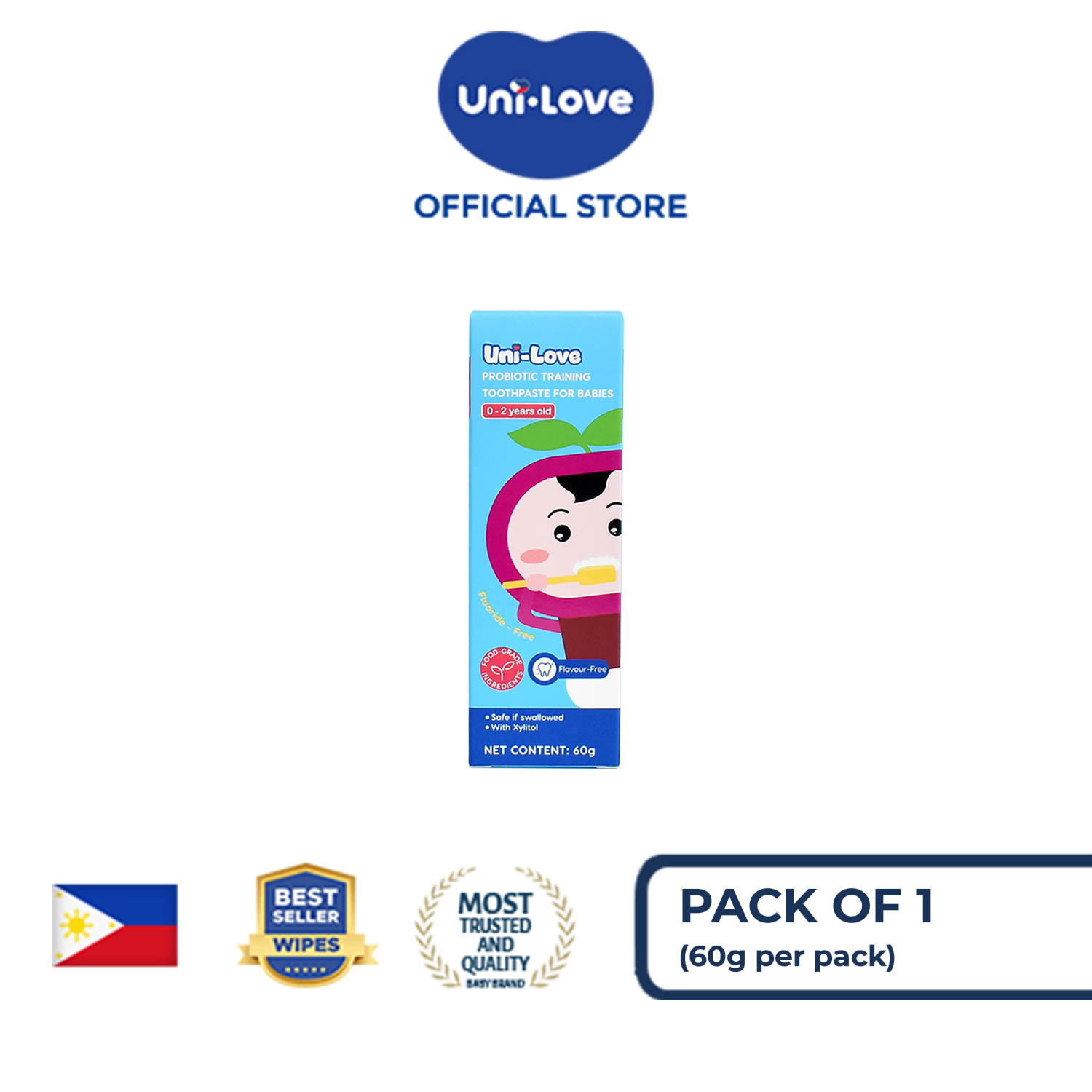 UniLove Probiotic Training Toothpaste - Flavour-Free (0-2 Years Old) 60g Pack of 1