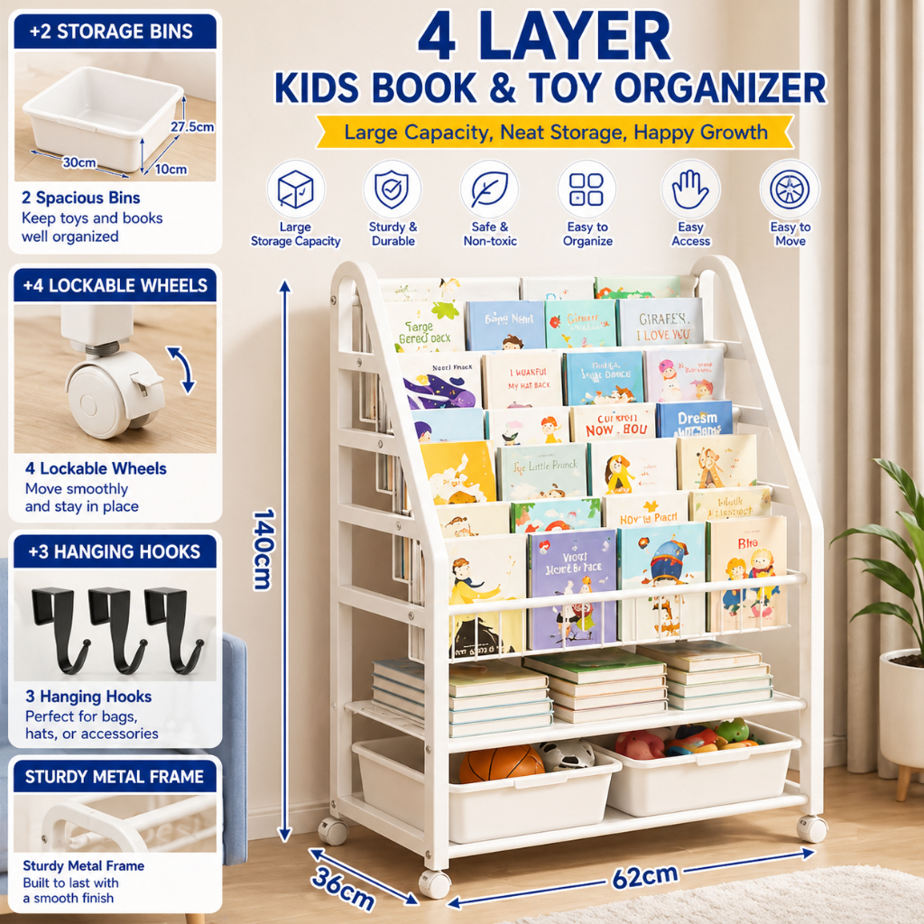 PlayPark Toy Organizer Kids Toy Storage Rack Book Shelf for Kids Book Shelf Organizer Shelves