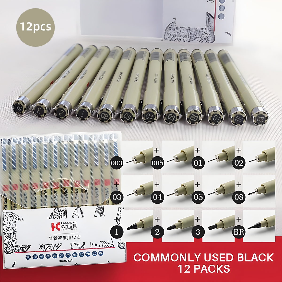 12PCS Sakura Pigma Micron Pen Set Drawing Fineliner Pen Sketch Brush Pen Set Art Marker