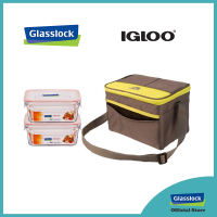 [Glasslock x Igloo Bundle] 2pcs Glasslock Oven Safe Rimless Rectangle Type Glass Food Container 1020ml + Igloo Collapse and Cool 6 Sport Lunch Bag (Yellow) (Collapse Yellow ORRT102)