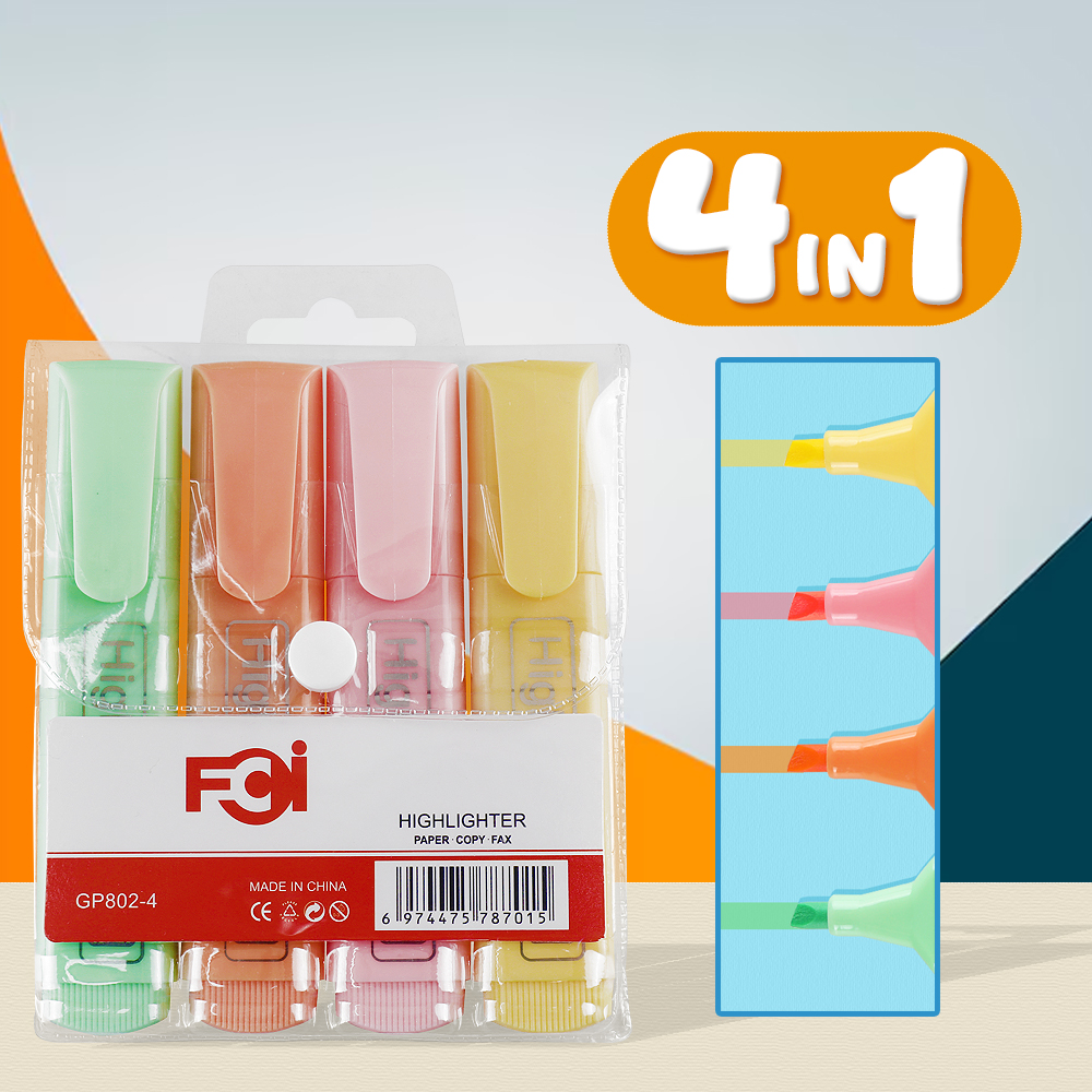 FCI Highlighter Pen (4in1)Multi-Color Highlighter with 4 Vibrant Ink Colors Chisel Tip Quick-Drying Ink for Studying Note-Taking Journaling School Office & Bible Journaling